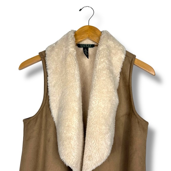 Lauren RALPH LAUREN Faux Suede Shearling Vest Open Front Western Classic Prep S - Picture 3 of 5